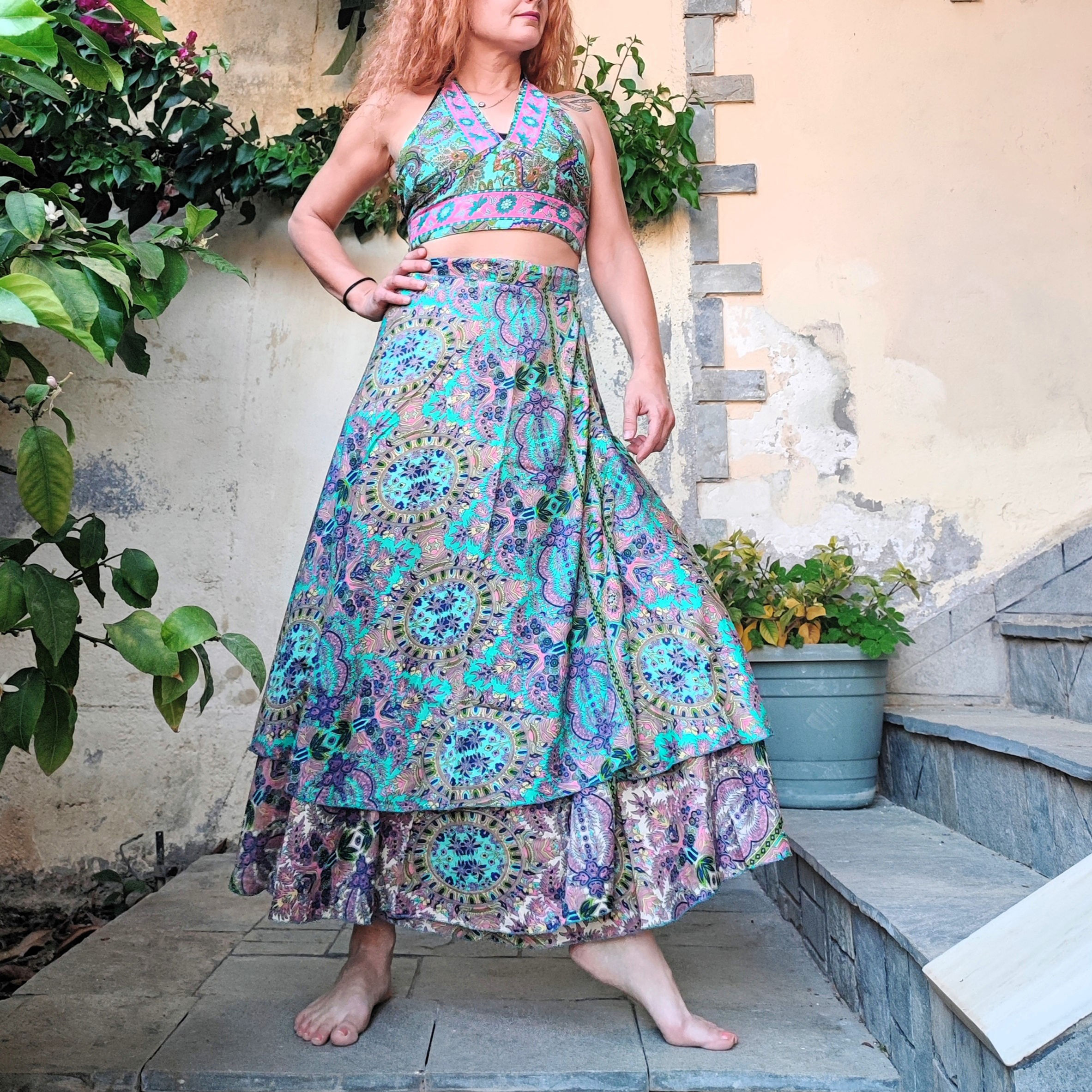 Σετ φούστα & Τοp τυρκουάζ ροζ