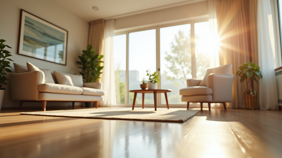 Eye-level view of a sparkling clean living room with sunlight streaming through windows