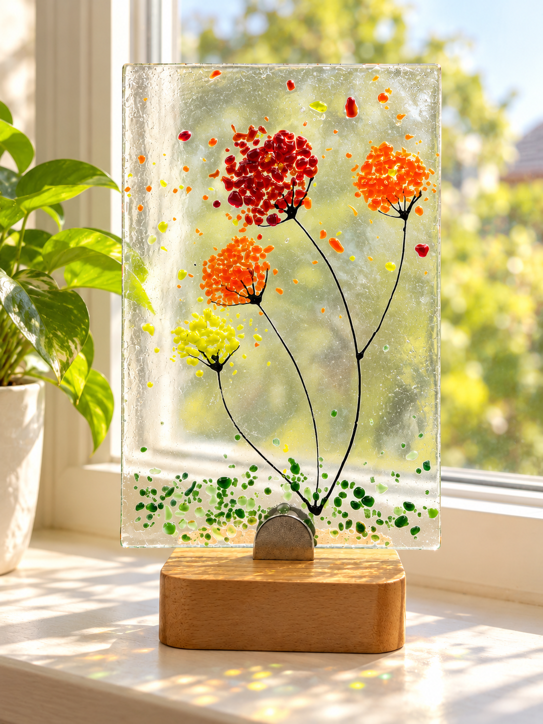 Free standing yellow, red and orange flowers