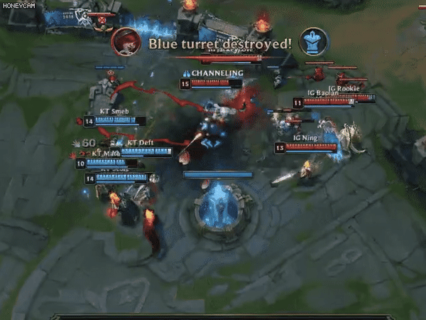 A chaotic League of Legends teamfight in motion