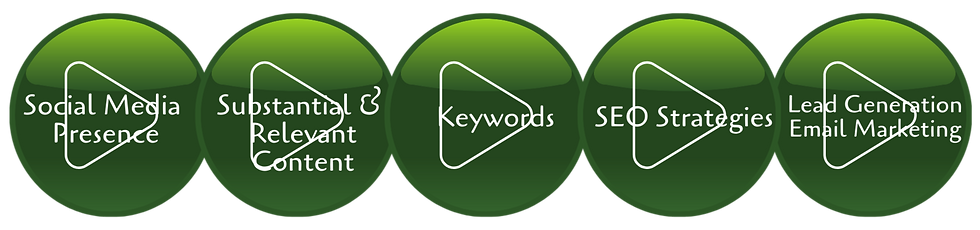 Social Media Presence, Substantial & Relevant Content, Keywords, SEO Strategies, Lead Generation & Email Marketing