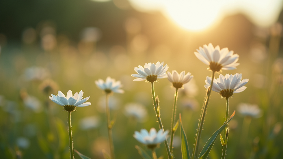Close-up view of a serene nature scene with blooming flowers