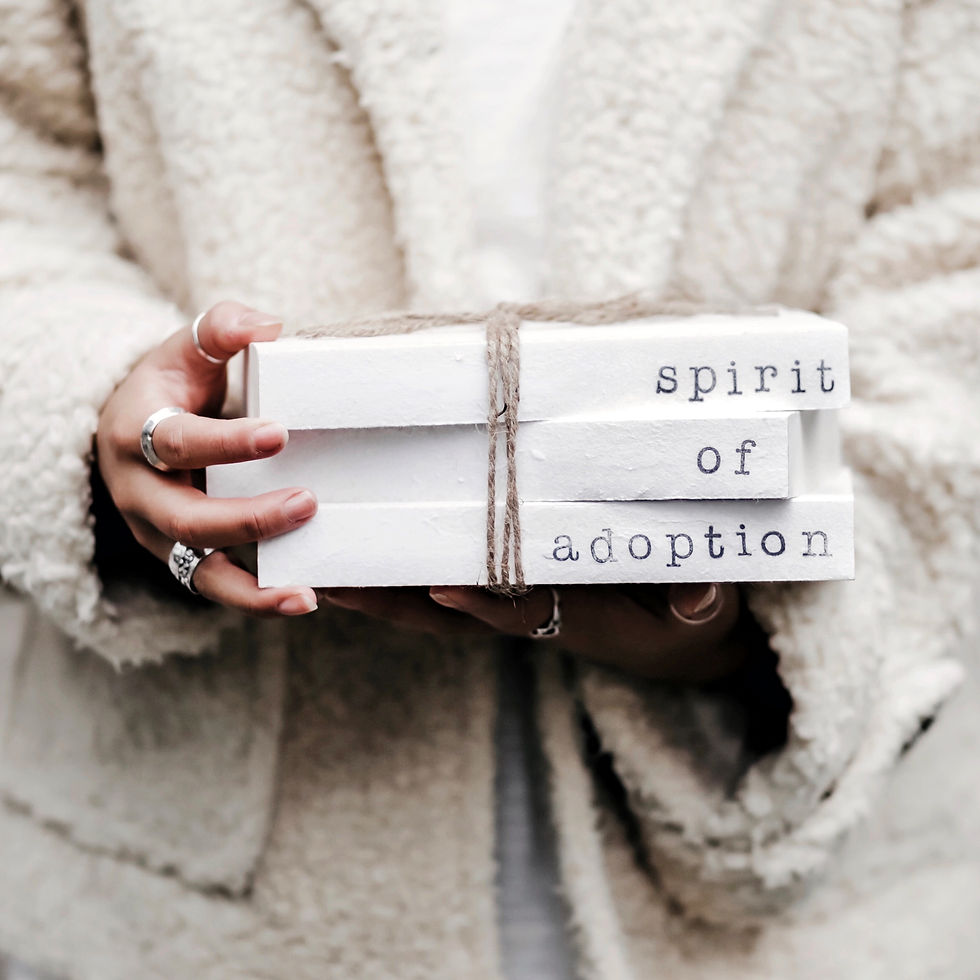 Hands holding three white books tied with twine, text reads "spirit of adoption." Person wears a cozy beige jacket, creating a warm mood.