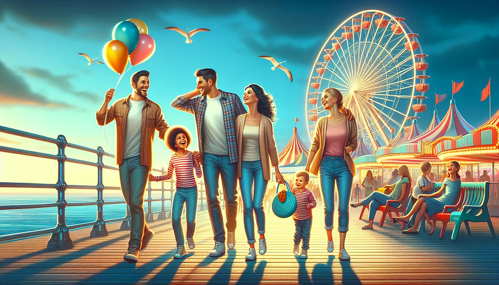 The featured image captures a sun-drenched day in Orange County, with a joyful family strolling along the vibrant boardwalk of a coastal amusement park. In the background, the iconic Ferris wheel glows against the azure sky, while children laugh and clutch colorful balloons, embodying the perfect blend of fun and relaxation that awaits families in this enchanting destination.