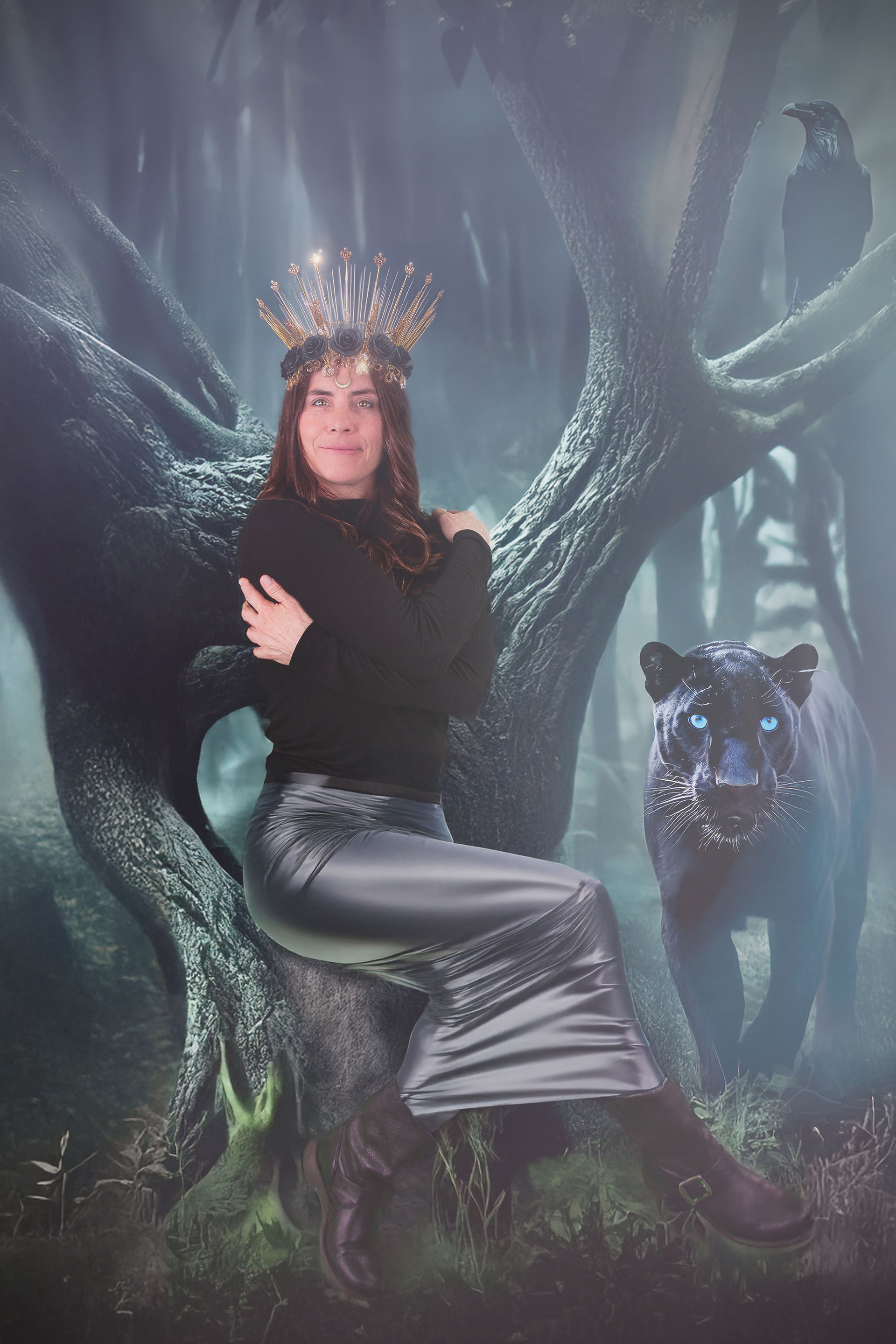 Adult fairy tale portrait featuring magical lighting and creatrix vibe, black panther forest