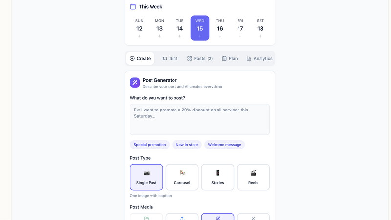 Tela do app Social Easy AI em layout de dashboard, com cards claros e toques de roxo, em formato landscape.