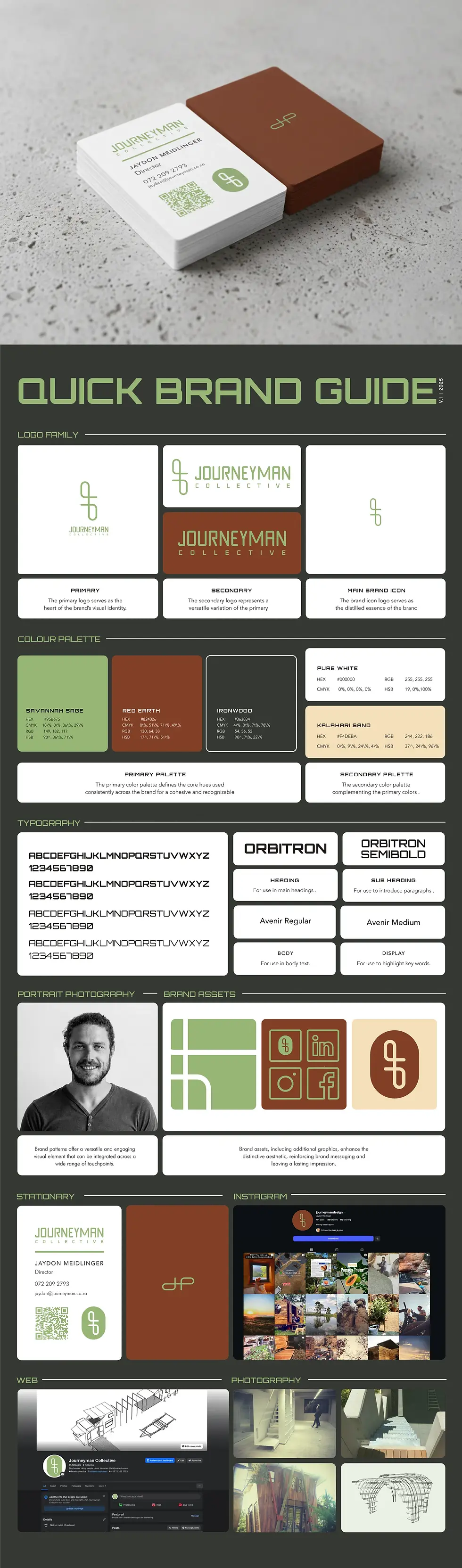 Image of Journeyman Collective business cards on a concrete surface, positioned above the Quick Brand Guide section, which showcases the brand's complete visual identity, including the logo family, typeface, colour palette, and other essential brand design elements.