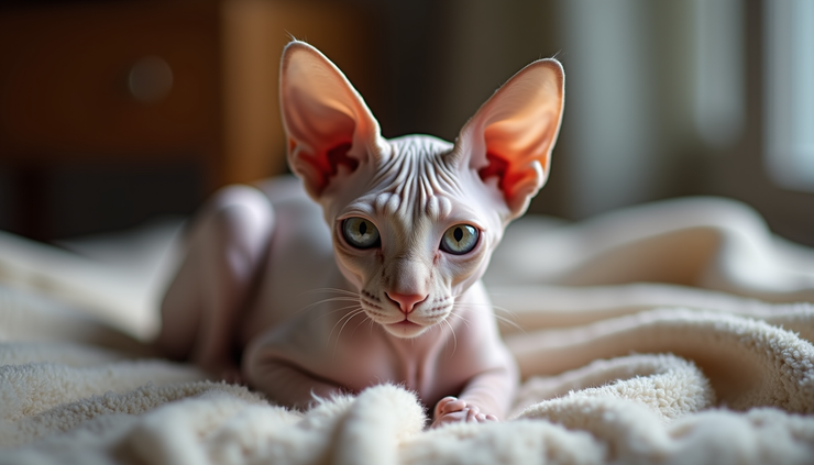 Eye-level view of a Sphynx cat sitting on a cozy blanket in a family living room