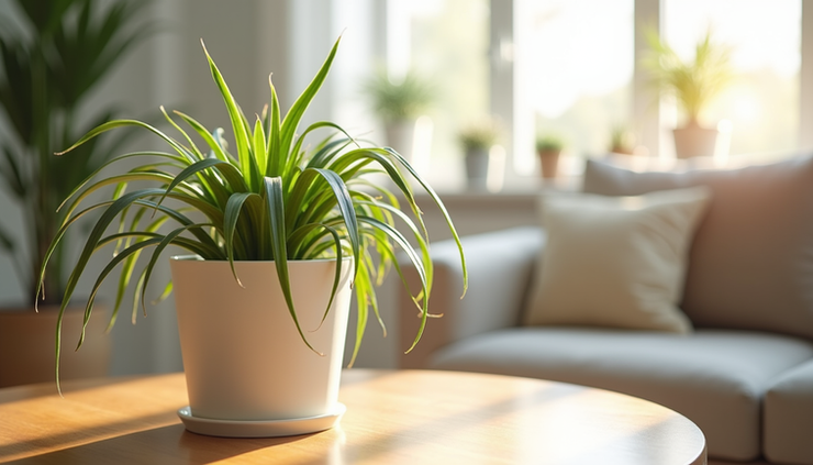 Eye-level view of a healthy green spider plant in a bright living room