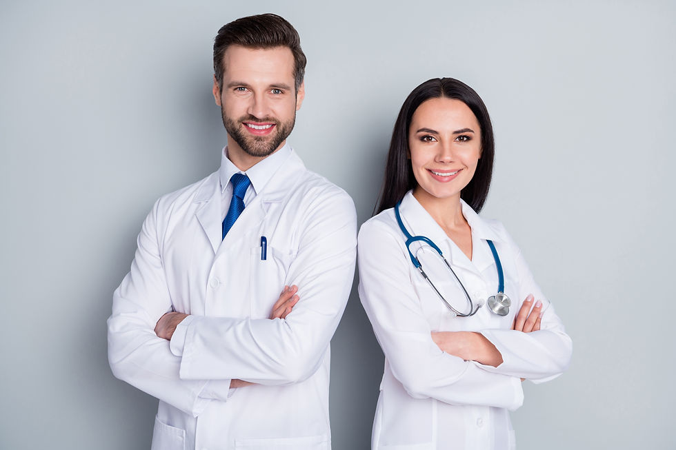 Photo of handsome doc guy lady patient consultation virology clinic stand back-to-back too
