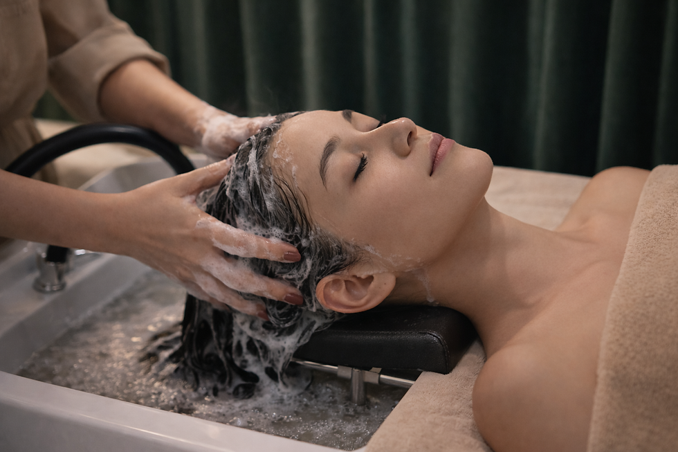 Woman receiving a relaxing hair wash at a spa basin with focus on rich lather