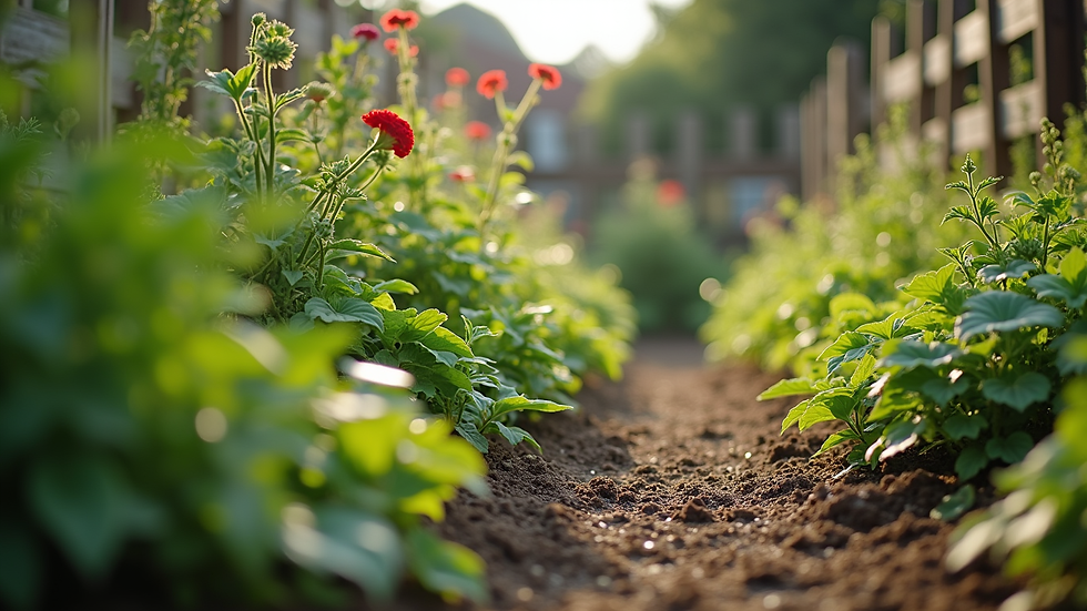 Eye-level view of a community garden with diverse plants