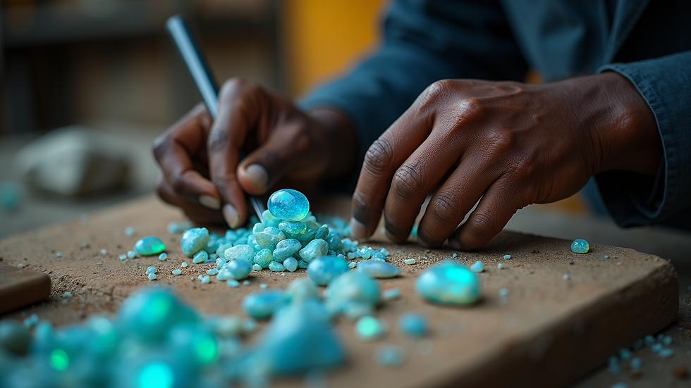 Eye-level view of miner working with Ethiopian opals