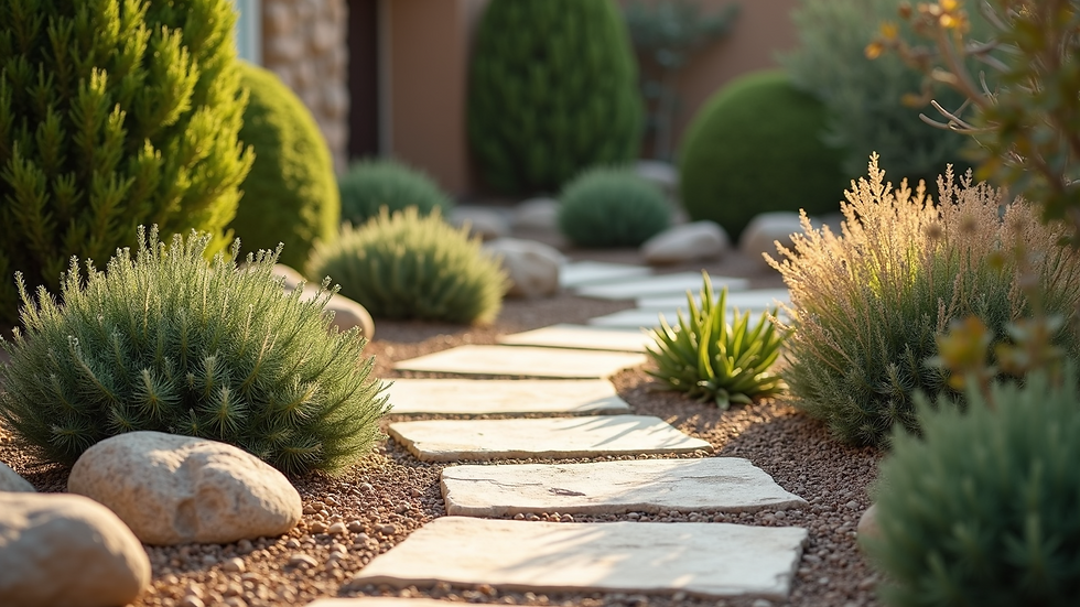 Close-up view of a stone pathway winding through a xeriscaped garden