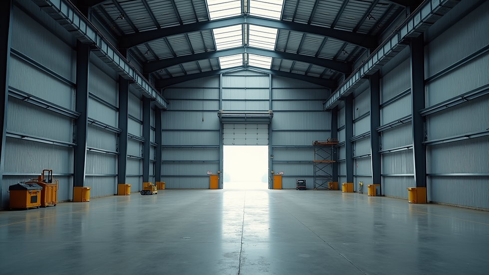 Wide angle view of a large metal warehouse with open doors