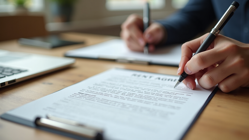 Close-up view of a rental agreement being signed on a wooden table