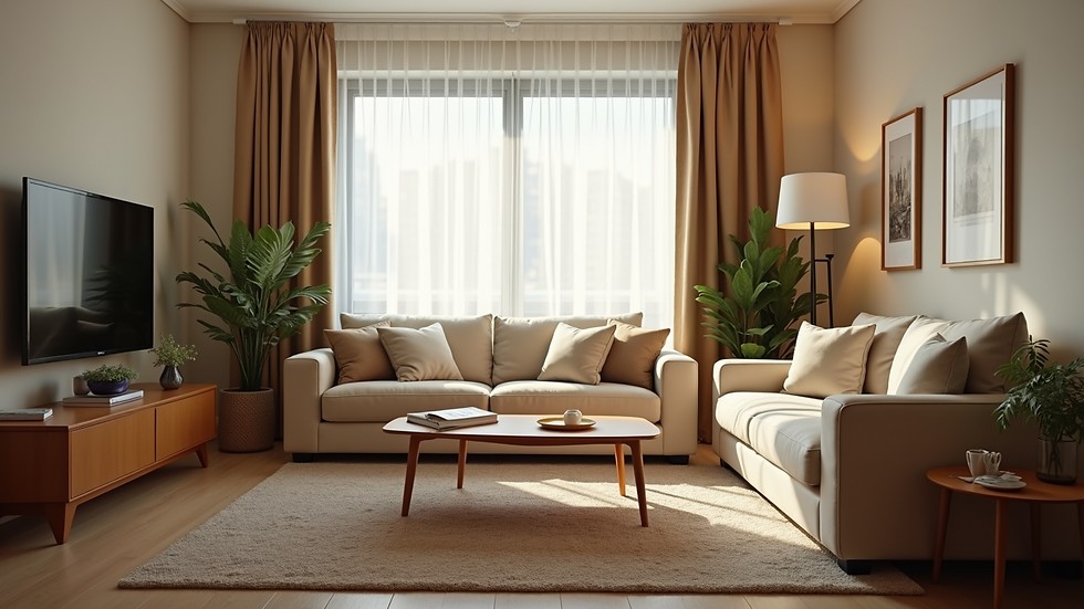 Eye-level view of a cozy living room in a weekly rental apartment