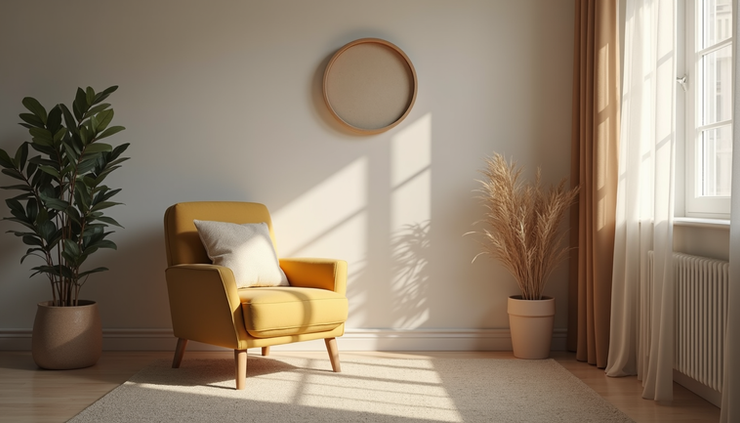 Eye-level view of a calm counseling room with a comfortable chair and soft lighting