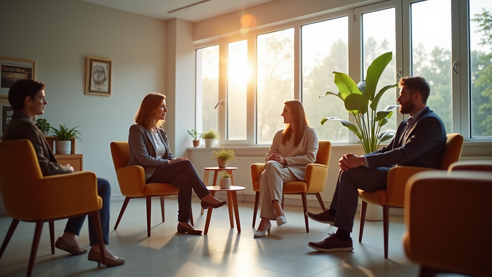 High angle view of a group therapy session in a bright, welcoming room