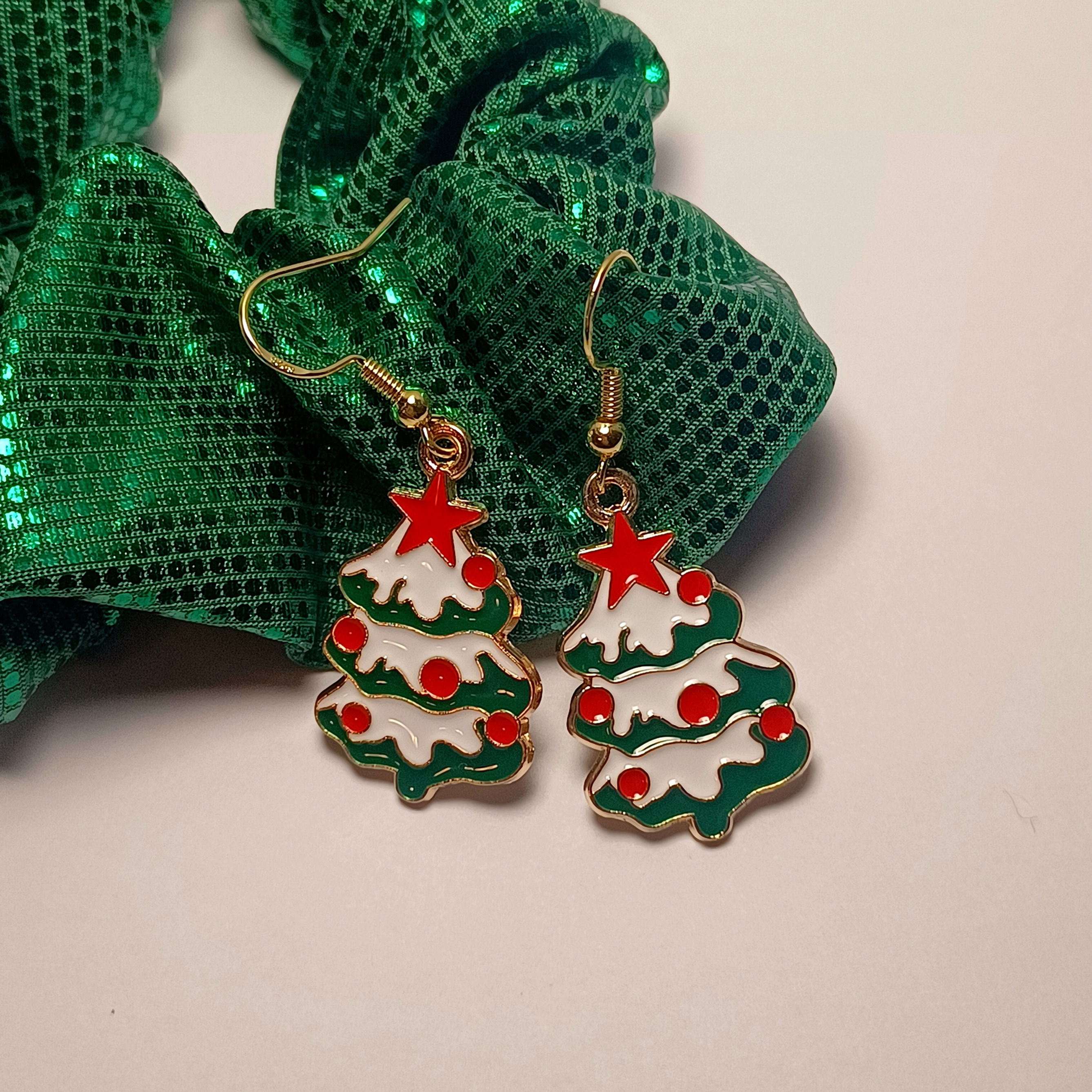 Snowy and Decorated Christmas Tree Earrings