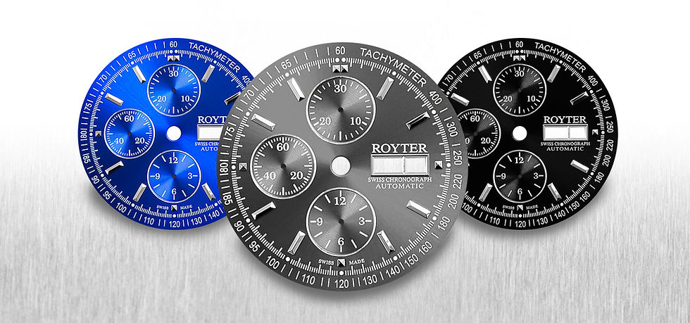Royter watch dial with blue sunburst and white lacquered finish
