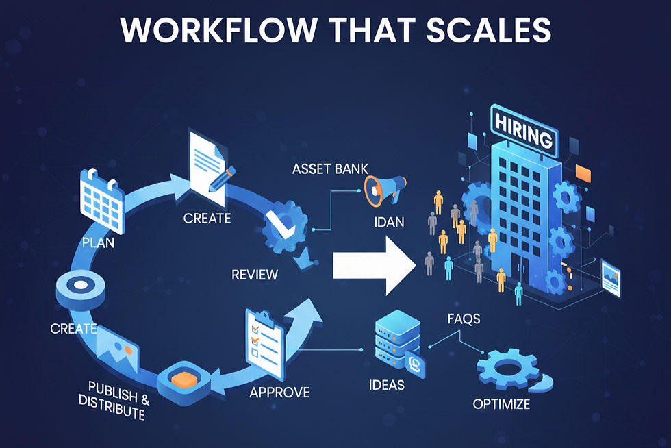 Flowchart titled "Workflow That Scales" with a circular process on the left for planning and creating, leading to hiring a team on the right.