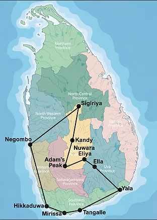 Eingezeichnete Route der beliebten 18-tägigen Reise durch Sri Lanka