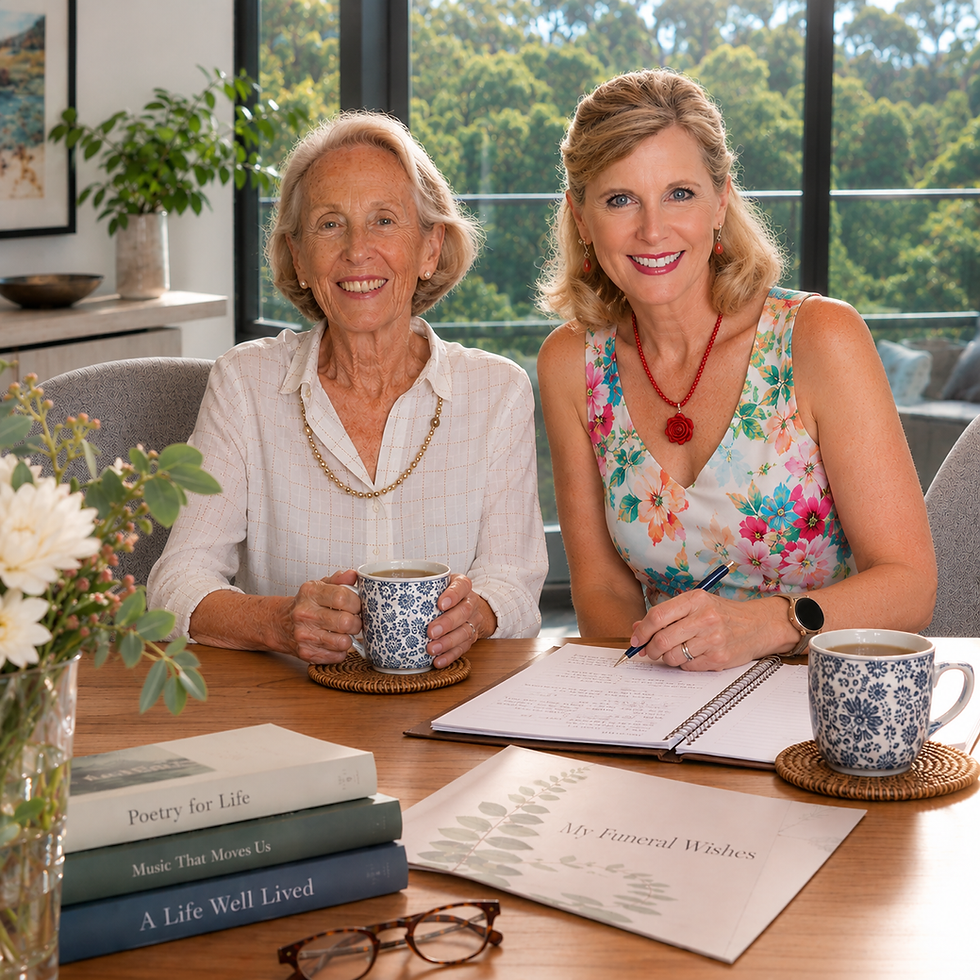 Nicki Tofler Sydney Funeral Celebrant chats with elderly lady about her funeral wishes over a cup of tea in her beautiful home overlooking the bush.