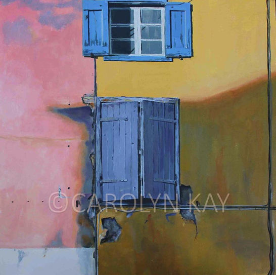 blue shutters on building