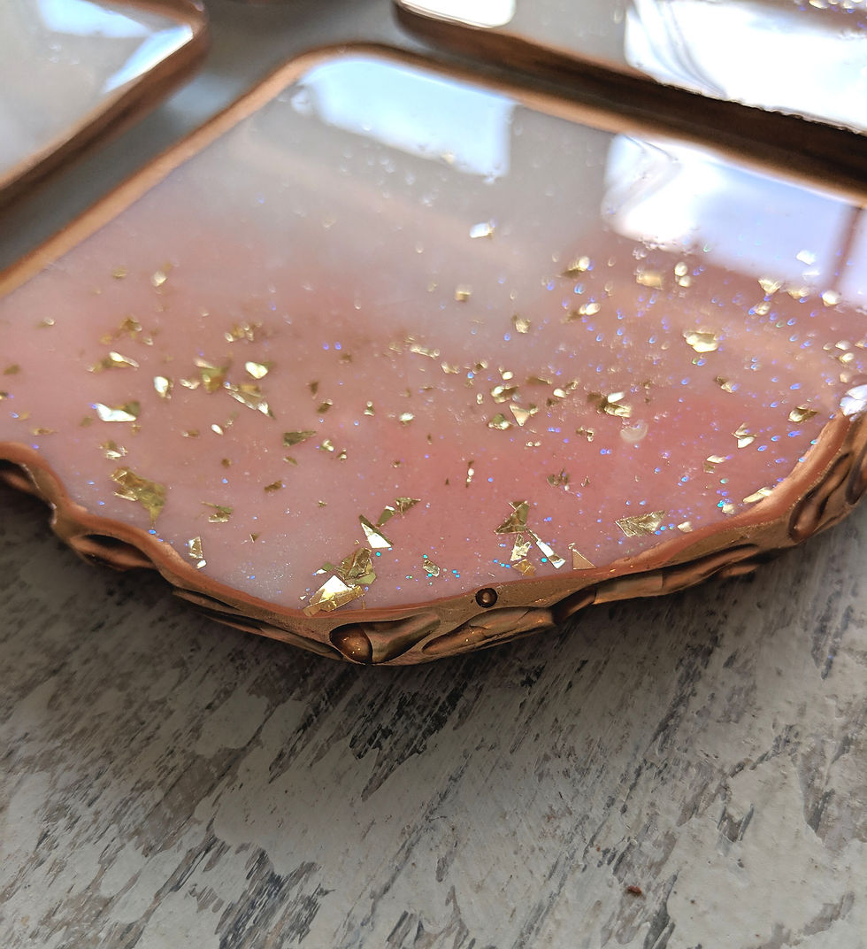 Thumbnail: Set of 4 roughly 4"x4" Fire Coral & Gold Flake Geode Slice Coasters