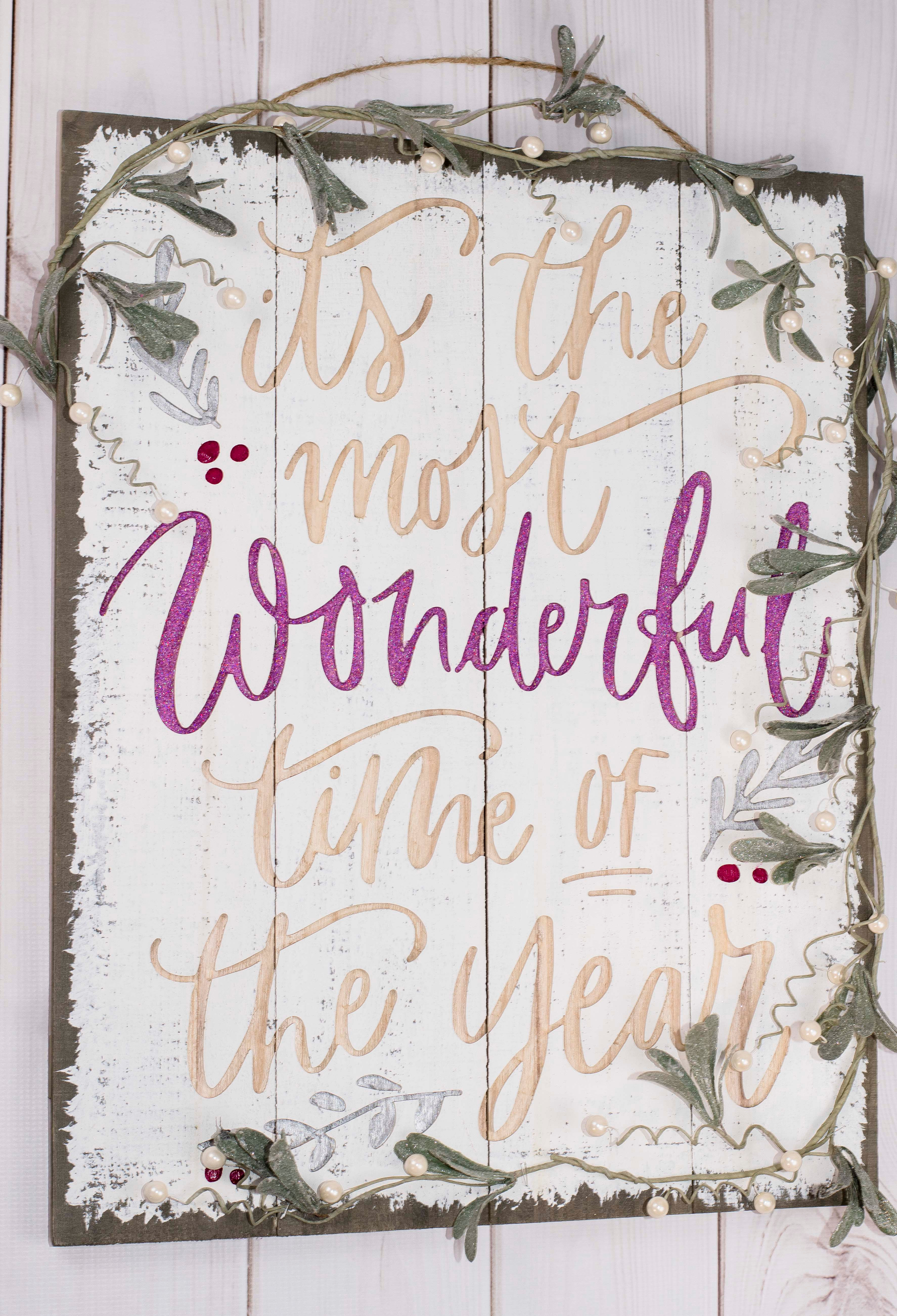 Rustic Wonderful Time of Year Sign in Berry Glitter