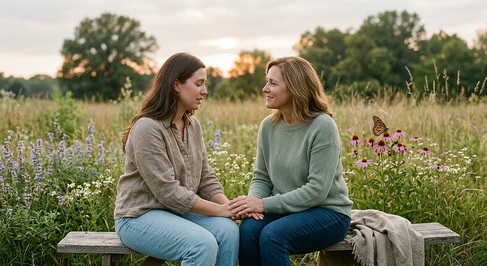 Two people sitting on a bench in a field of flowers, one sharing their grief story while the other listens while holding their hands