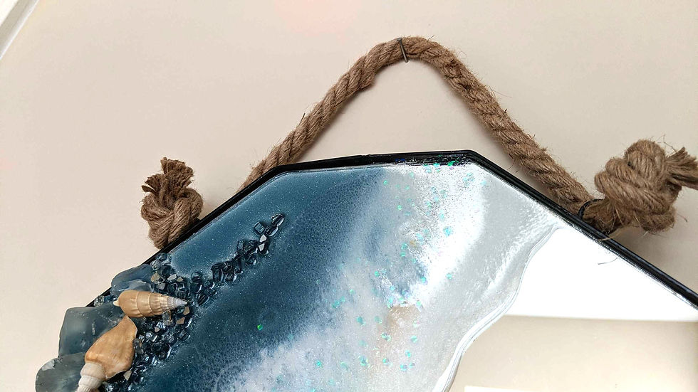Thumbnail: Resin on Octagon Mirror - Seascape with Nautical Rope Hanger