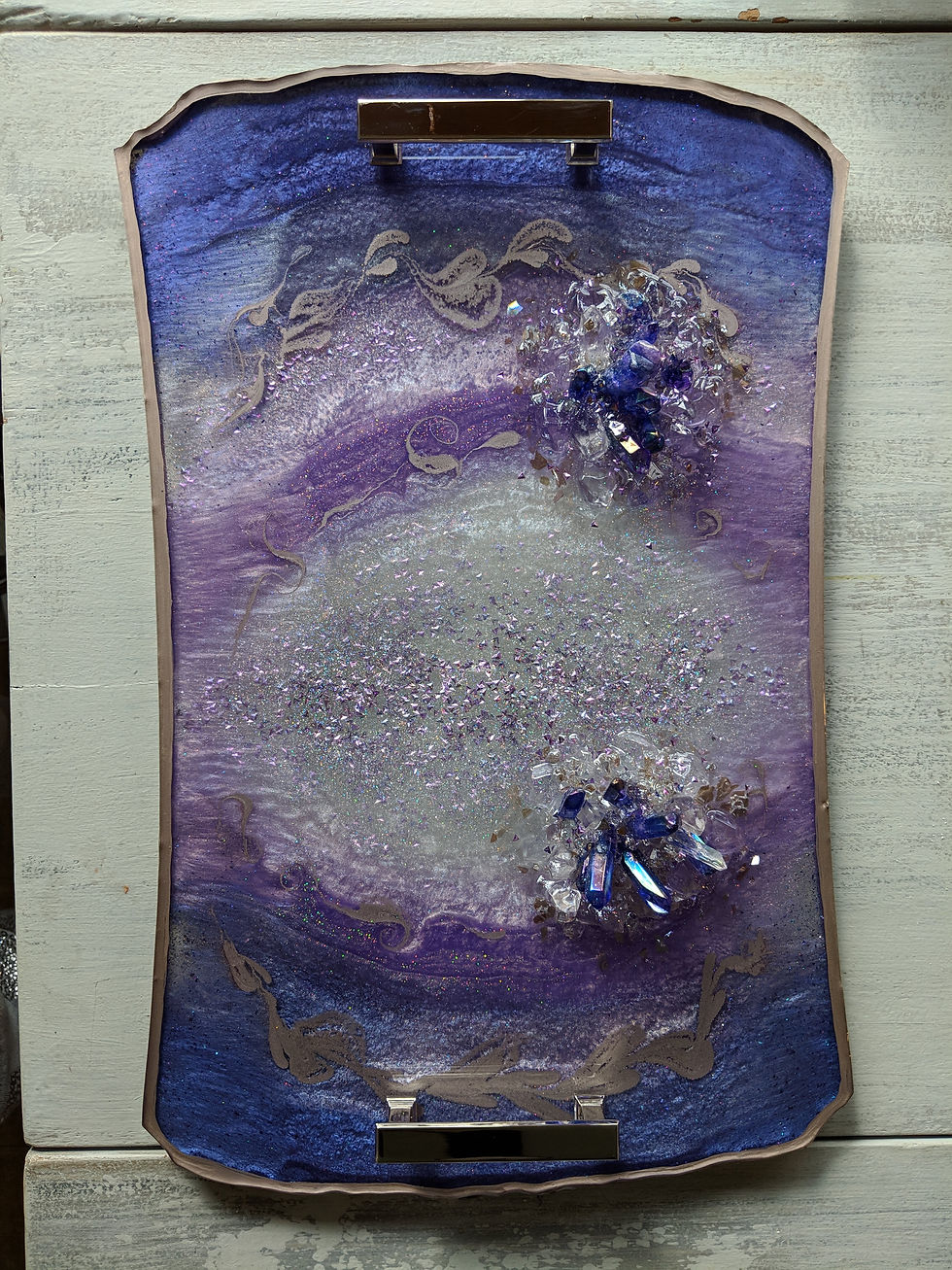 Thumbnail: 19"x12" Amethyst Slab Jewelry Tray with Amethyst Cluster & Handle Accents
