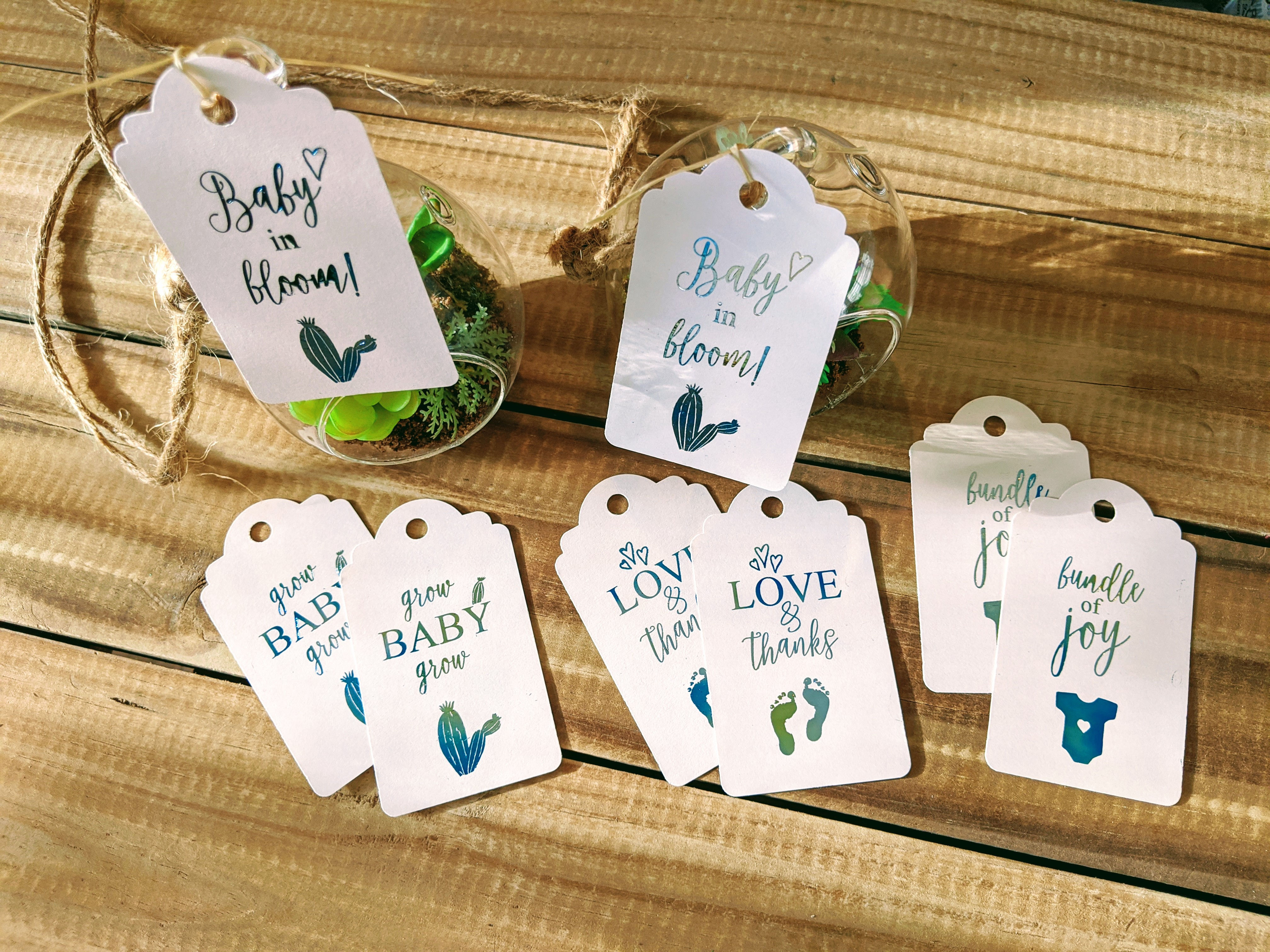 Succulent Themed "Baby in Bloom" Foil Baby Shower Favor Tags