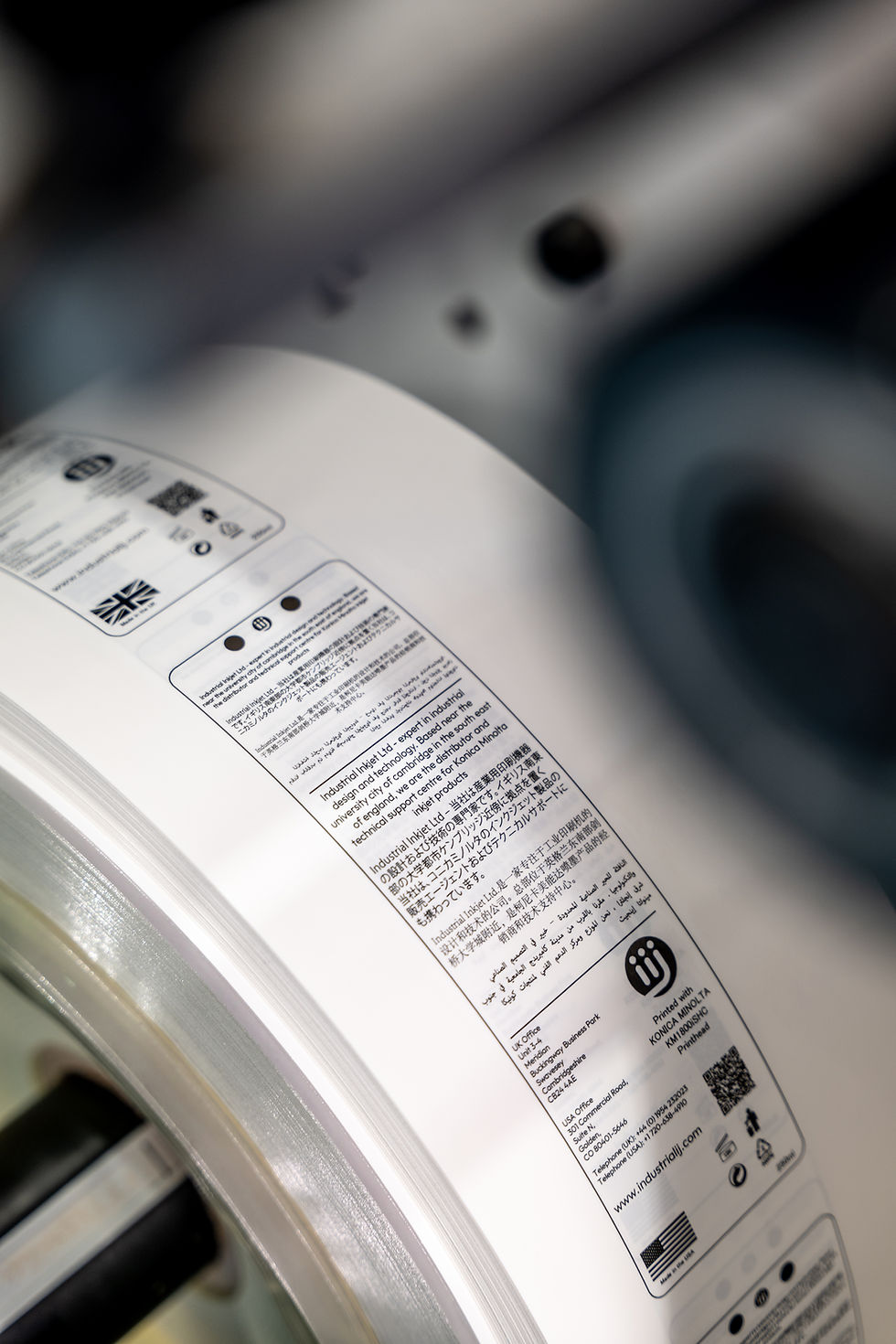 A roll of variable data, QR codes and multi-language data printed using an industrial inkjet small monoprint