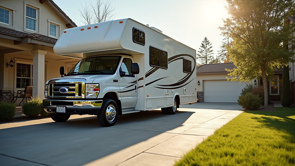 Eye-level view of a clean and shiny RV parked in a driveway