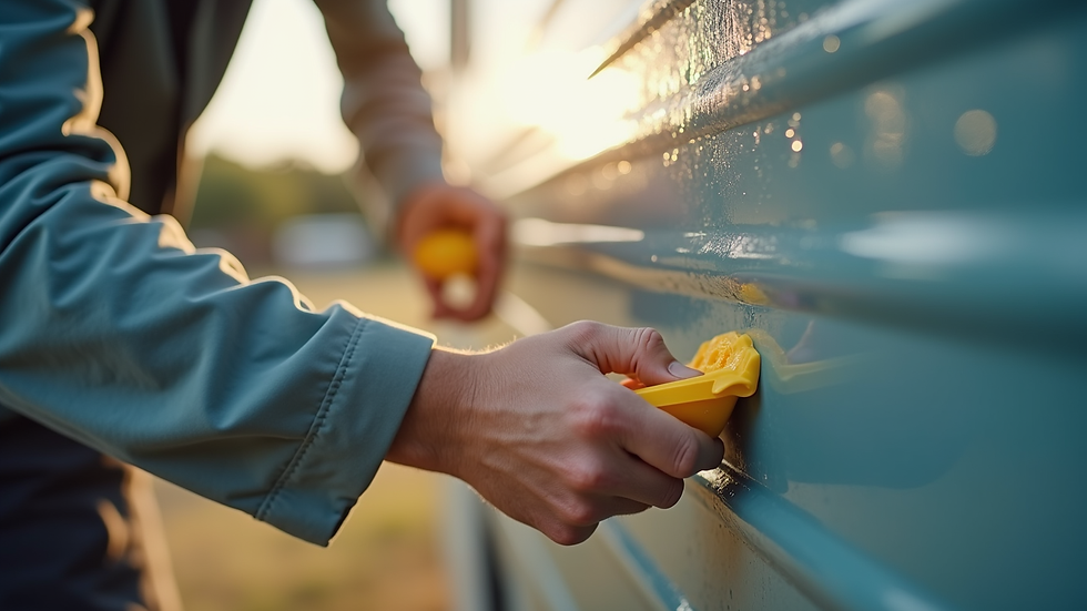 Close-up view of a person applying wax to an RV exterior