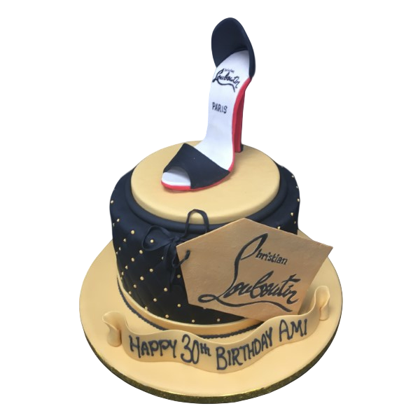 Luxurious Christian Louboutin shoe-shaped cake with exquisite detailing, perfect for fashion lovers and shoe enthusiasts. Ideal for special occasions.