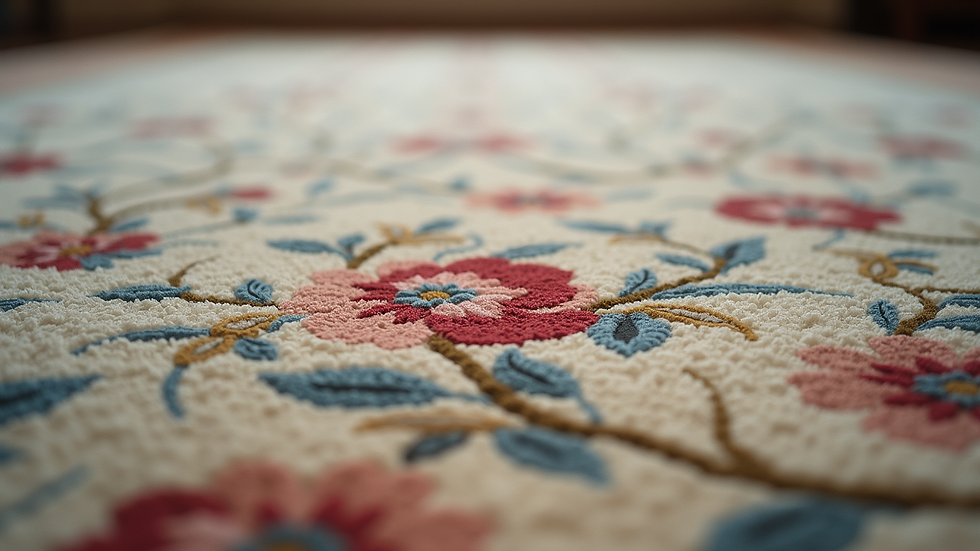 Close-up view of a tufted carpet’s intricate floral pattern and texture