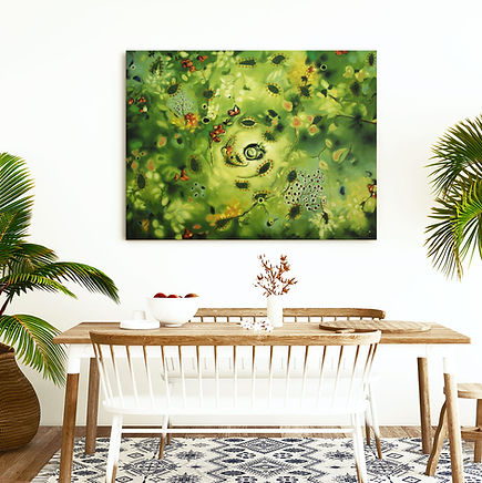 peinture abstraite contemporaine verte sur toile, thématique végétale et florale