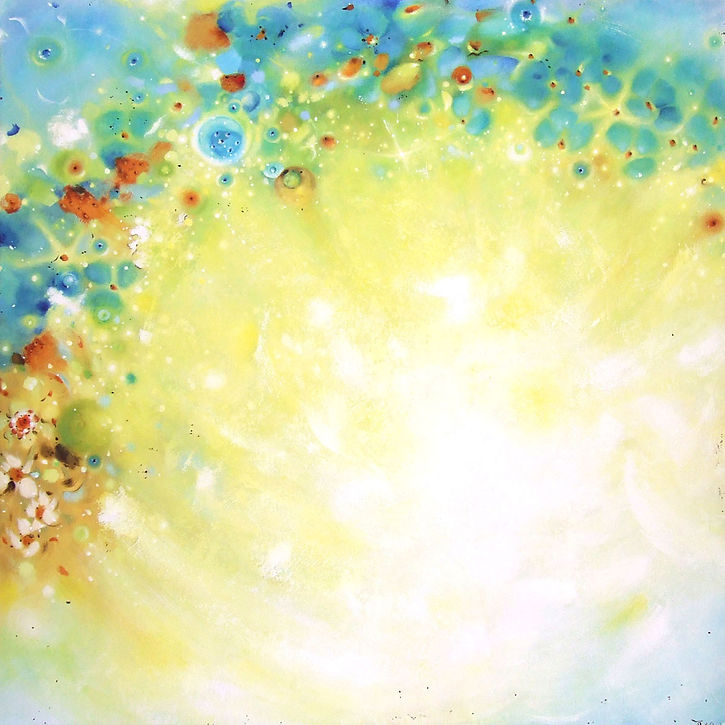 peinture abstraite contemporaine grand format, couleurs éclatantes, vibrantes et lunineuses, explosion étoilée d'énergie positive, jaune, bleu blanc touches d'orangé