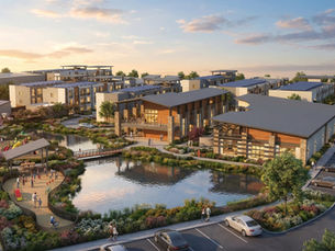 Architectural rendering of a veteran focused residential community with a central pond, landscaped walking paths, playground, and modern clubhouse surrounded by multi unit housing.