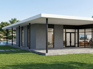 Modern amenity center rendering featuring a glass enclosed community building with covered outdoor seating, a pool area, landscaped lawn, and tennis courts in a residential neighborhood.