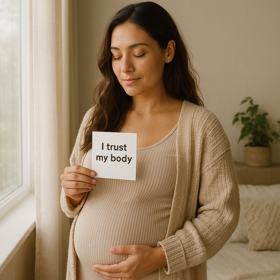 Schwangere Frau liest Affirmationskarten und sammelt Kraft für die Geburt.