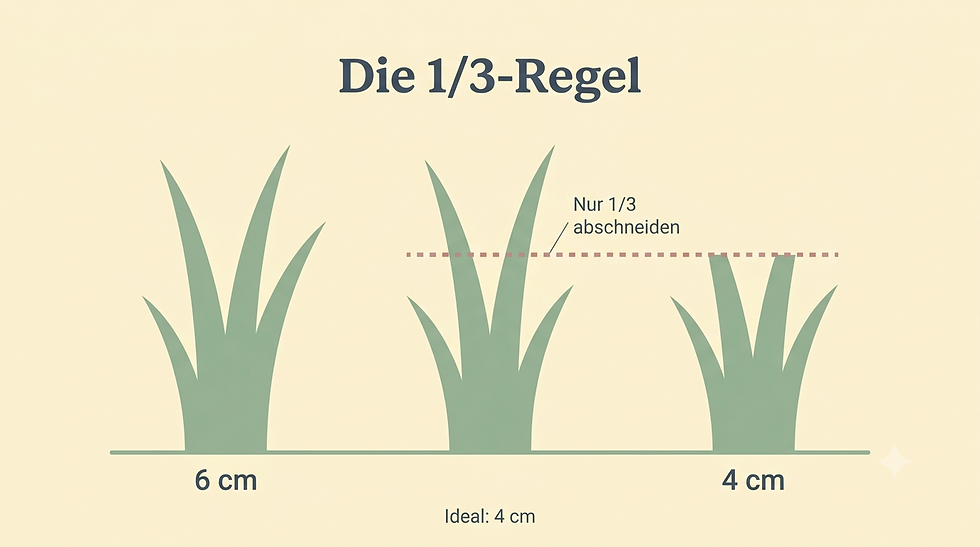 Infografik zur 1/3-Regel beim Rasenmähen: Nie mehr als ein Drittel der Halmlänge abschneiden, ideale Schnitthöhe 4 cm