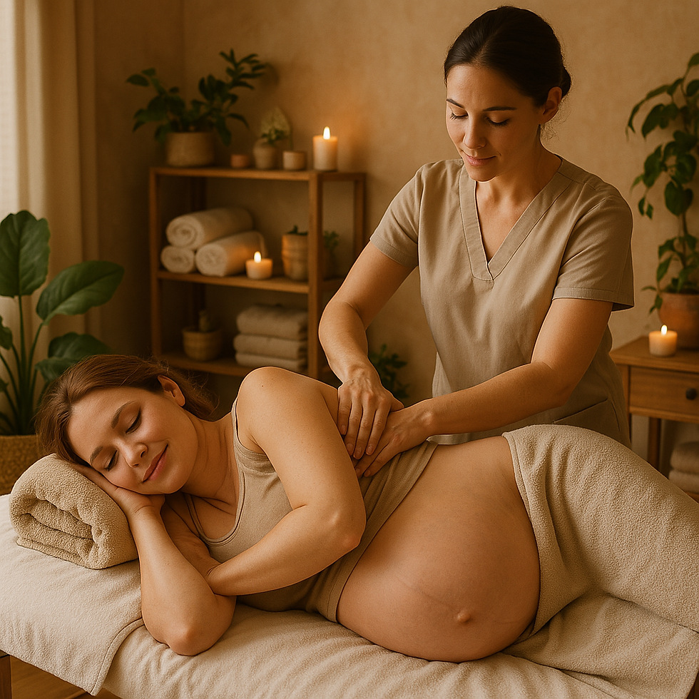 Schwangere Frau erhält eine sanfte, wohltuende Rückenmassage.