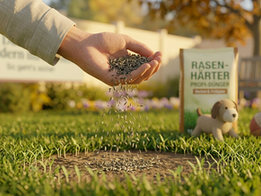 Hand sät Rasensamen auf eine kahle Stelle im Rasen mit ersten grünen Halmen - Rasen nachsäen