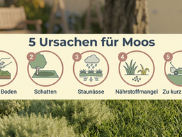 Infografik: Die 5 Ursachen für Moos im Rasen - saurer Boden, Schatten, Staunässe, Nährstoffmangel und zu kurzer Schnitt