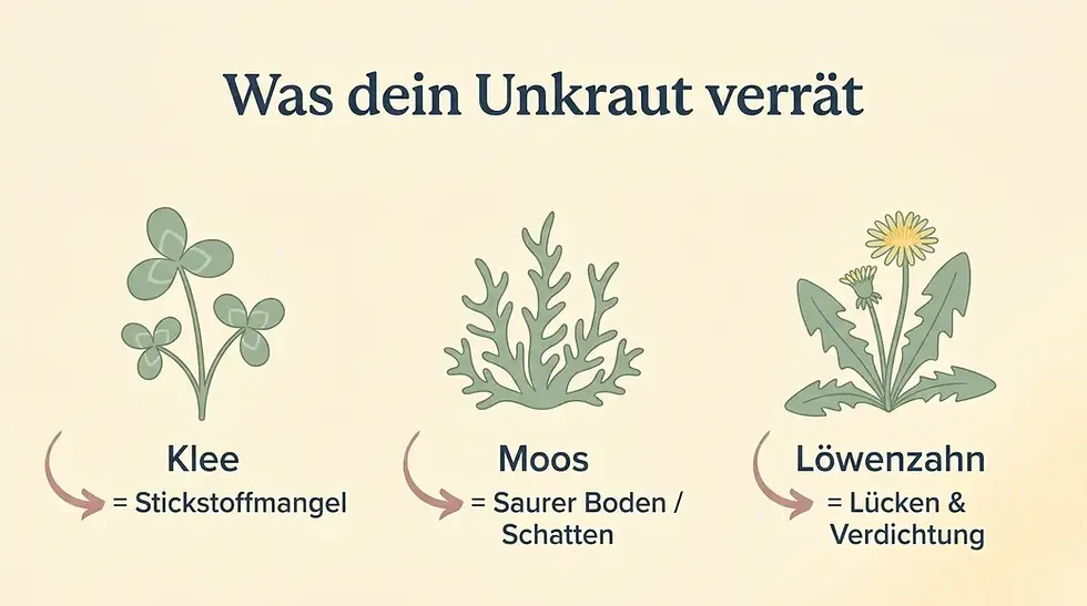 Infografik: Unkraut als Zeigerpflanze - Klee zeigt Stickstoffmangel, Moos sauren Boden, Löwenzahn Lücken
